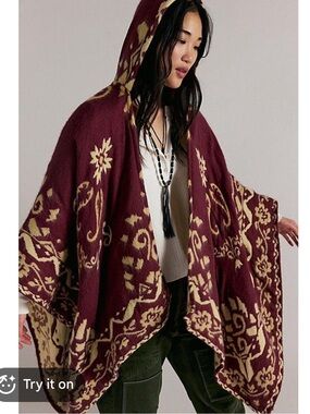 Free People Cream and Wine Abstract Knit Hooded Poncho